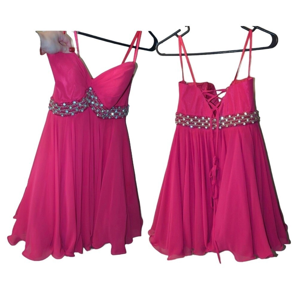 Night Moves Size 8 Hot Pink Fit and Flare Formal‎ Mini Dress Corset Back